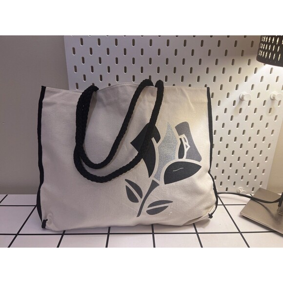New! LANCOME Canvas Tote Shopper Bag Ivory/ Black With Flower Design 18x13x2” - Picture 2 of 2
